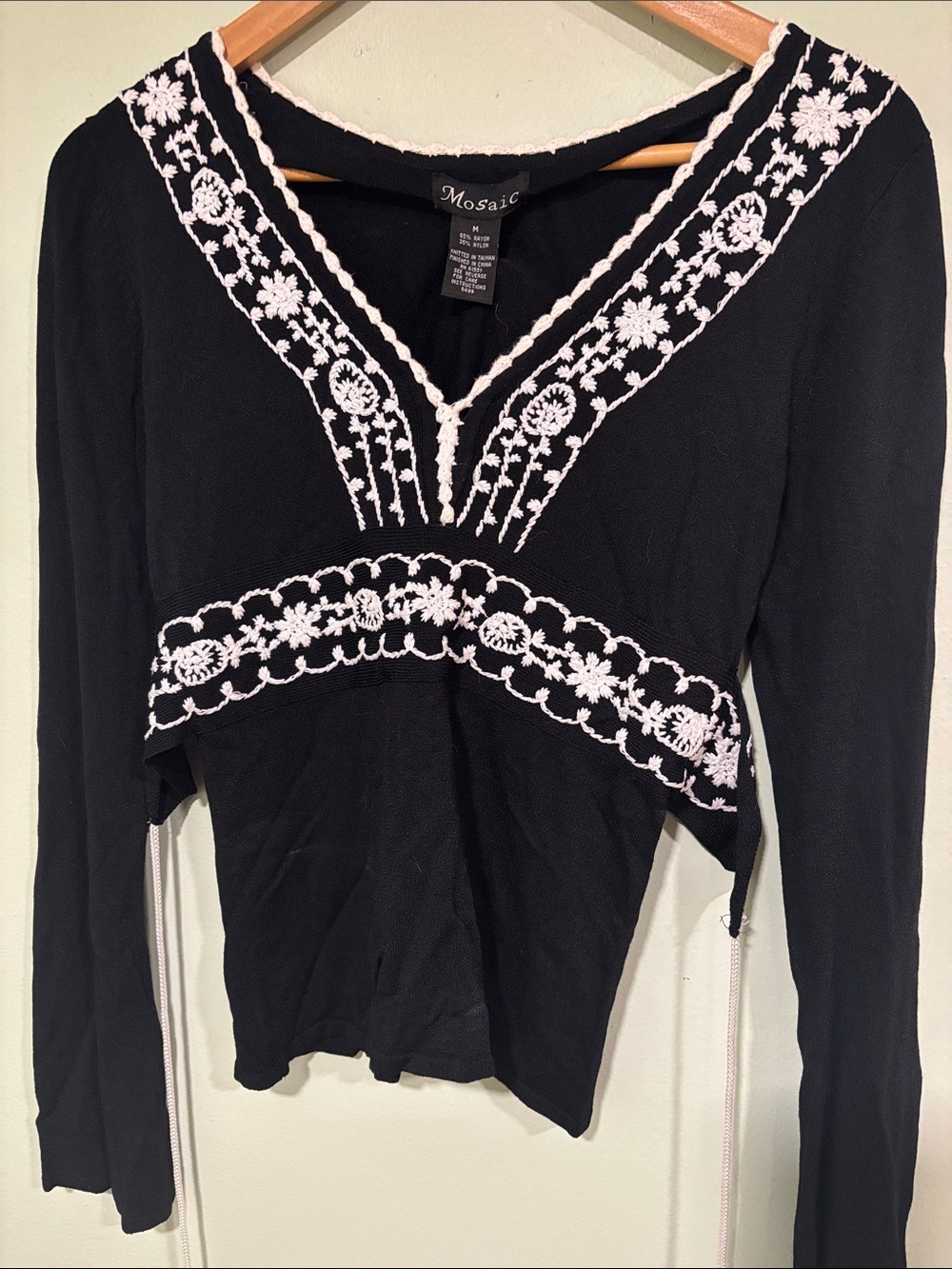 Mosaic Black Long-Sleeve Embroidered V-Neck Top with Stylish Back Tie Design